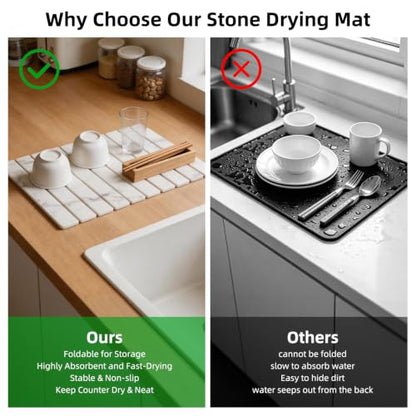 Large Stone Dish Drying Mat for Kitchen Counter, 24"×16" Foldable Quick Drying Mat, Absorbent Diatomaceous Earth Drying Mat for Bottles Cups Dishes, Match Any Countertop (White Marble, 24" x 16") - color: White Marble