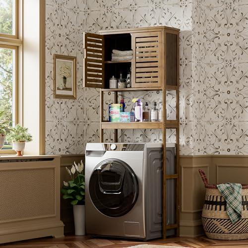 SMIBUY Bathroom Storage Shelf with Cabinet, Bamboo Over-The-Toilet Organizer Rack, Freestanding Toilet Space Saver with 3-Tier Adjustable Shelves (Walnut) - color: Walnut