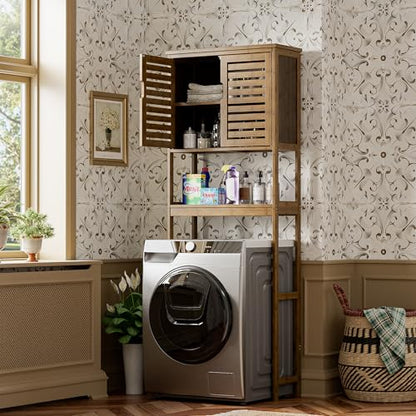 SMIBUY Bathroom Storage Shelf with Cabinet, Bamboo Over-The-Toilet Organizer Rack, Freestanding Toilet Space Saver with 3-Tier Adjustable Shelves (Walnut) - color: Walnut