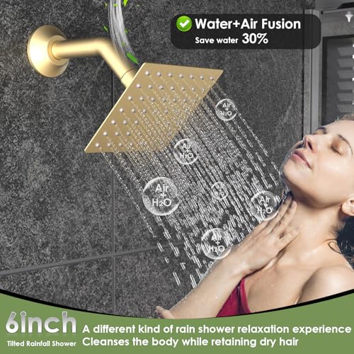 Enga Dual Shower Head Shower System with Body Jets, 12" Ceiling Mounted Rain Shower Head & 6" Wall Mounted Head Full Body Rainfall Shower Faucet with Valve Kit, Brushed Gold - color: Brushed Gold, style: Ceiling-12"+6"+Jets