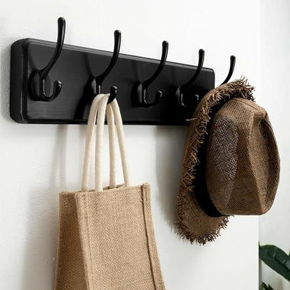 SKOLOO Rustic Wall Mounted Coat Rack, Case of 2, Pine Solid Wood Coat Hook Hanger - 5 Hooks for Hanging Clothes Robes Towels Coats - color: Black Plate & Black Hook, size: 2 Item-5 Hooks