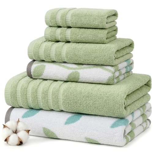 Modern Threads 6 Piece Bath Towel Set – Bathroom Set with 2 Bath Towels, 2 Hand Towels, and 2 Wash Cloths – 100% Cotton, Super Absorbent & Extra Soft – Reversible Natural Vine (Sage Green) - color: Sage Green