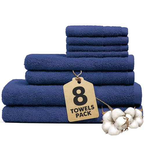 Bath Towels Set of 8 – 100% Cotton (Royal Blue) Bathroom Towel Set Bale Includes 2 Bath, 2 Hand, 4 Face Towels – Soft, Absorbent & Quick Dry Towel for Bathroom, Spa, Kitchen, Hotel Use - color: Royal Blue, size: Towel Sets