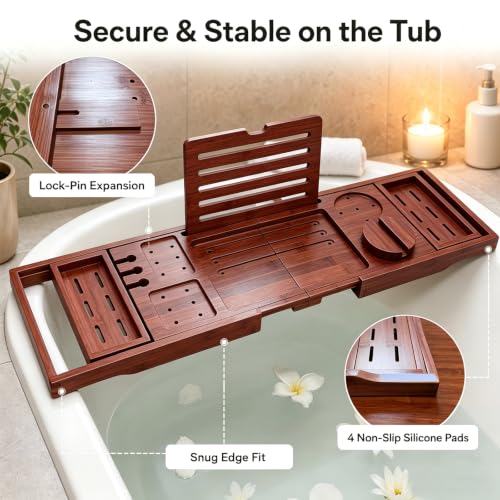 Bamboo Bathtub Tray, Expandable Foldable Bath Caddy, Walnut | 29-42" Bath Shelf Over Tub with Rotating Phone Holder, Tablet & Wine Holders, Locking Design for Spa, Bathroom & Gifts - color: B-walnut