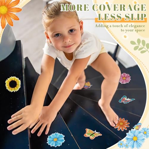 Fullhawl 30 Pcs Butterfly Sun Flower Non Slip Bathtub Stickers 4.72 x 4.72 Inch Anti Slip Shower Floor Sticker Applique Adhesive Decals Treads with Scraper for Bathtub Bathroom Shower Floor - style: Floral