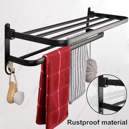 TocTen Towel Rack for Bathroom, Foldable Towel Holder with Double Towel Bars, Wall Mounted Premium Aluminum Bathroom Tower Shelf, Space-Saving Towel Hanger for Bathroom, Lavatory (Black,24 in) - color: Black