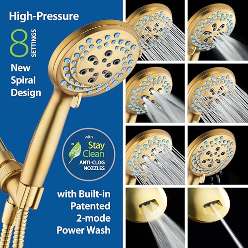 AquaCare New 8-mode High Pressure Handheld Shower Head w/ 2-way Power Wash | Stay Clean Nozzles, Dual Power Wash for Tub, Tile & Pets, Long 6 ft. Stainless Steel Hose, Wall & Overhead Brackets / Gold - color: Gold