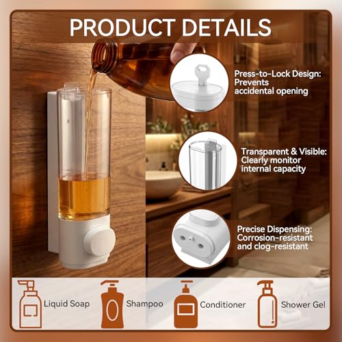 4 Pcs Manual Bathroom Wall Mounted Soap Dispenser, 300ml White Kitchen Bathroom Commercial Shower Clear Refillable Soap Dispenser Clear Plastic Refillable Liquid Lotion Pump and Organizer - color: White