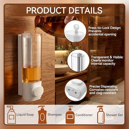 4 Pcs Manual Bathroom Wall Mounted Soap Dispenser, 300ml White Kitchen Bathroom Commercial Shower Clear Refillable Soap Dispenser Clear Plastic Refillable Liquid Lotion Pump and Organizer - color: White