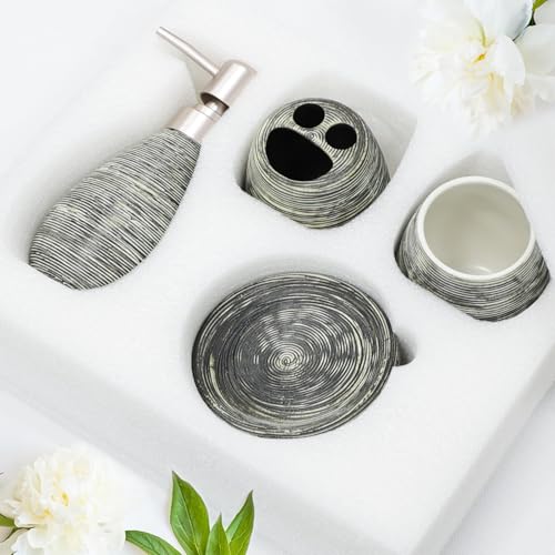 CERBIOR Bathroom Accessories Set,4 PCS Ceramic Bath Accessory,Grey | Includes Toothbrush Holder, Toothbrush Cup, Soap Dish for Decorative Countertop and Housewarming Gift - style: Grey