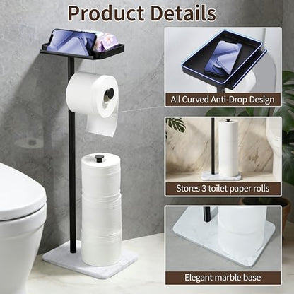 ZUNTO Freestanding Toilet Paper Holder with Top Storage Shelf for Wet Wipe, Phone or Other Small Items, Tissue Roll Dispenser Stand with Marble Base, Bathroom Toilet Roll Holder for Extra 3 Rolls