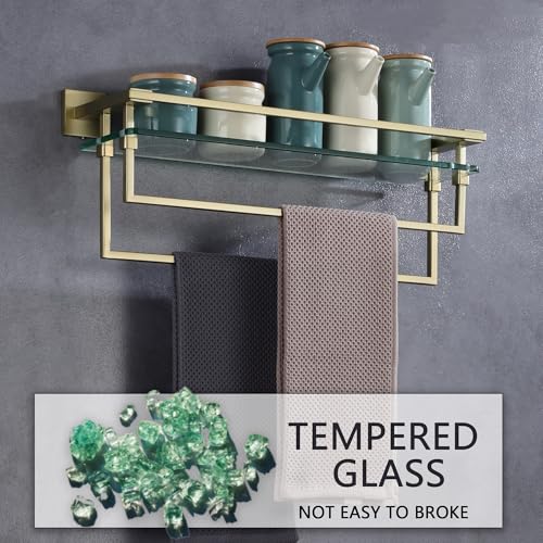 LANC Bathroom Glass Shelf with Towel Bars 20-Inch Floating Tempered Glass Shelves with 2 Towel Rails Brushed Gold Cologne Shelf for Men Shower Bath Storage Glass Rack Wall Mount Heavy Duty，A7617BG - color: Brushed Gold