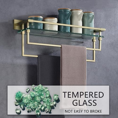 LANC Bathroom Glass Shelf with Towel Bars 20-Inch Floating Tempered Glass Shelves with 2 Towel Rails Brushed Gold Cologne Shelf for Men Shower Bath Storage Glass Rack Wall Mount Heavy Duty，A7617BG - color: Brushed Gold