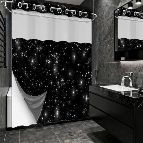 Star Space Hookless Shower Curtain with Snap in Liner, Black and White Watercolor Night Sky Galaxy No Hook Double Layer Shower Curtains and Liner Set, Waterproof Cloth Fabric, 71" W X 74" L - color: Black White, size: 71"W x 74"L (Pack of 1)