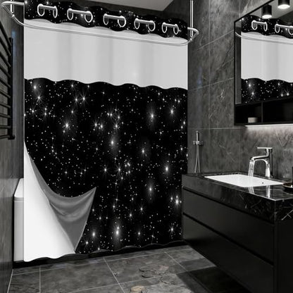 Star Space Hookless Shower Curtain with Snap in Liner, Black and White Watercolor Night Sky Galaxy No Hook Double Layer Shower Curtains and Liner Set, Waterproof Cloth Fabric, 71" W X 74" L - color: Black White, size: 71"W x 74"L (Pack of 1)