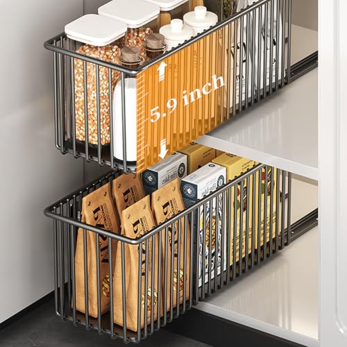 Pull Out Cabinet Organizer 2 Pack, Black Metal Storage Basket for Kitchen Cabinet, Bathroom, Under Sink, Self Adhesive Slide Out Pantry Shelves Drawer Storage, 15.8" LX 5.9" WX5.9 H