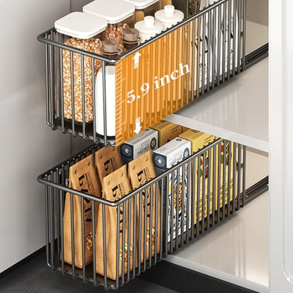 Pull Out Cabinet Organizer 2 Pack, Black Metal Storage Basket for Kitchen Cabinet, Bathroom, Under Sink, Self Adhesive Slide Out Pantry Shelves Drawer Storage, 15.8" LX 5.9" WX5.9 H