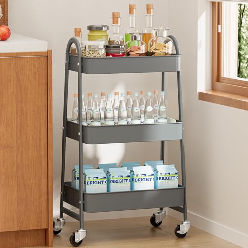 NEWBULIG 3-Tier Metal Rolling Storage Utility Cart with Lockable Wheels | Mobile Organizer Shelf, Space-Saving, Freestanding, Bathroom, Living Room, Slim, Narrow Corner Spaces, Grey - color: Gray, size: 3-Tiers