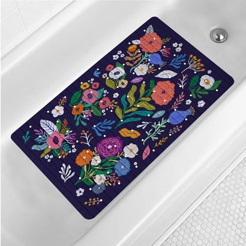 Purple Boho Floral Bathtub Mat Non Slip Abstract Flower Shower Mat Anti Slip Bath Tub Mat Botanical Bath Mat for Tub with Suction Cups and Drain Holes Bohemian Soft Shower Mat 15x27 Bathroom Decor - color: Abstract Plant Purple