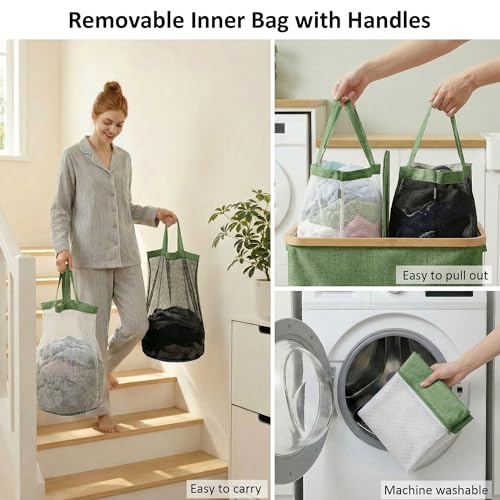 efluky Laundry Hamper with Lid, Double Laundry Basket with 2 Removable Bags, 2 Section Laundry Bin with Bamboo Handles for Bathroom, Bedroom & Laundry Room, 140L (36.9 Gallon) Sage Green - color: Sage Green, size: 140L Dual