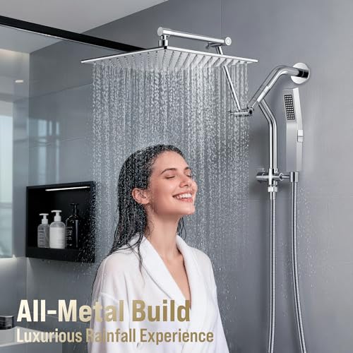 All Metal 10 Inch Rain Shower Head with Handheld Built-in Power Wash Mode, High Pressure Waterfall Rainfall Square Shower Heads with 16" Adjustable Extension Arm, Dual Showerhead(Chrome) - color: Chrome, size: 10 Inch