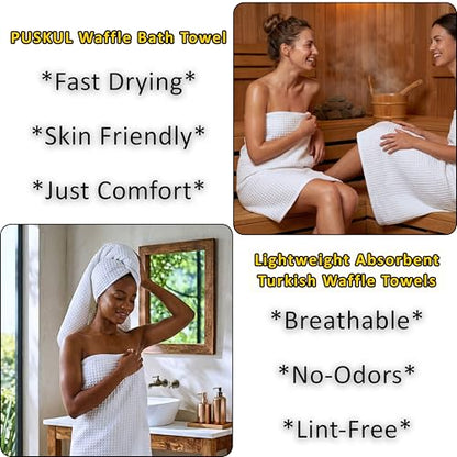PÜSKÜL 2-Piece Natural 100% Turkish Cotton Waffle Bath Towels Extra-Large | White, 32x63" Bath Sheet Towel, Light Soft Absorbent Quick-Dry Lint-Free Premium Honeycomb Weave Oeko-Tex Made in Turkiye - color: White, size: Bath Towels - Pack of 2