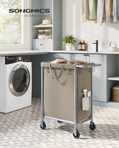 SONGMICS Laundry Basket with Wheels, 2-Section Rolling Laundry Hamper, 37 Gallons (140 L), Removable Liner, Steel Frame with Handle, 27.2 x 15.4 x 31.9 Inches, Camel Brown URLS004N01 - color: Camel Brown, size: 140 L (2-Section)