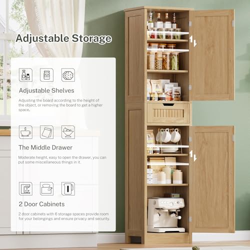 Iwell Tall Narrow Storage Cabinet with 1 Drawer and 2 Doors, Fluted Cabinet with Adjustable Shelves, Rattan Kitchen Cabinet for Bathroom, Living Room, Kitchen, Natural Oak - color: Fluted Natural