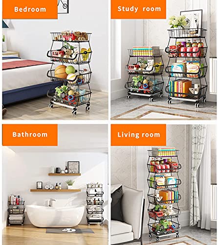 Metal Wire Baskets with Wheels, Stackable Storage Bins Kitchen Organizer Shelf 3-4-5-6 Tier Fruit Vegetable Cart Dishes Seasonal Rack Shelves for Garage, Pantry, Bathroom - size: 6 Tier without Slide Drawer