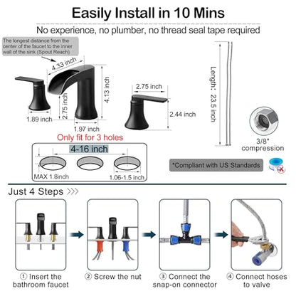 Black Bathroom Faucet 3 Hole, Brass Bathroom Waterfall Faucet 2 Handle, 4-16 Inch Widespread Bathroom Sink Faucets, Restroom Sink Faucet for Vanity with Supply Hoses, NO Equipped Pop-up Drain - color: Matte Black, style: NO Pop Up Drain