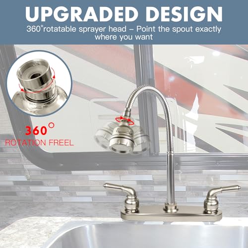 RV Kitchen Faucet,Camper Faucet Kitchen Replacement RV Sink Faucets,8 inch | w/ Flexible Arch 360 Swivel Rotatable Sprayer for Campers,Travel Trailers,Motorhomes,8 in 2 Hole,Non-Metallic,Brushed Nickel - color: Brushed Nickel