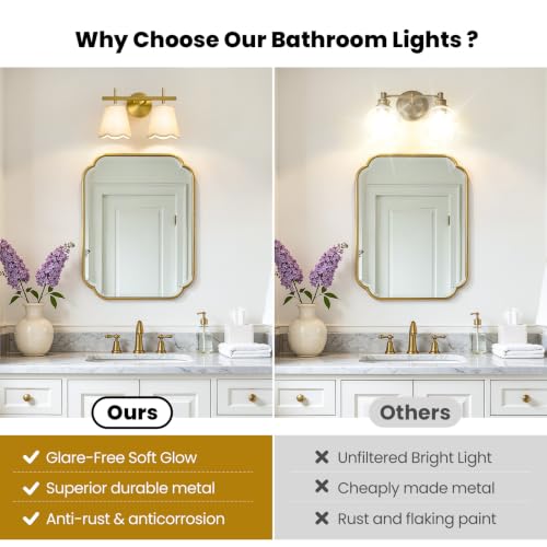Modern Bathroom Vanity Light, 2-Light Brushed Gold Bathroom Light Fixtures with Scalloped Linen Fabric Shade, Vanity Lighting Fixtures Over Mirror (Exclude Bulb) - color: Gold, size: 2 Light