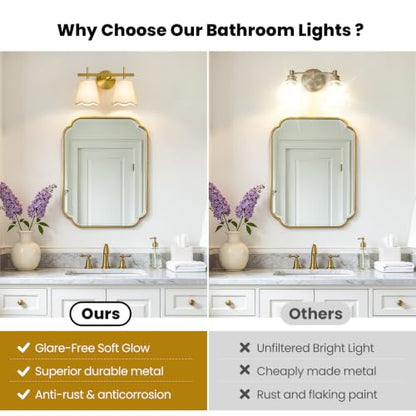 Modern Bathroom Vanity Light, 2-Light Brushed Gold Bathroom Light Fixtures with Scalloped Linen Fabric Shade, Vanity Lighting Fixtures Over Mirror (Exclude Bulb) - color: Gold, size: 2 Light
