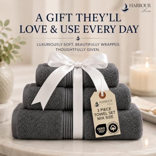 Towel Set for Bathroom, 3 Piece Turkish Cotton Bath Hand and Wash Towels | Mixed size set in Silver Grey, 600 gram weight. Double stitched hems suit family and guest use. - color: Silver Grey