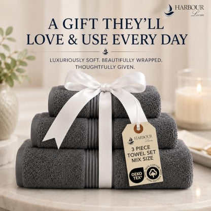 Towel Set for Bathroom, 3 Piece Turkish Cotton Bath Hand and Wash Towels | Mixed size set in Silver Grey, 600 gram weight. Double stitched hems suit family and guest use. - color: Silver Grey