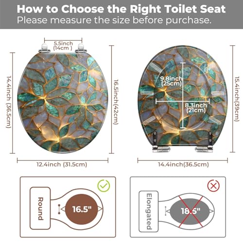 Round Resin Toilet Seat, Quietly Close Quick Release Hinges Cover | Toilet Lid Cover Easy to Clean and Install, Fine Mosaic Iridescent Leaves Shimmering Elegant Heavy Duty Toilet Seat - color: pattern10, size: O-shape