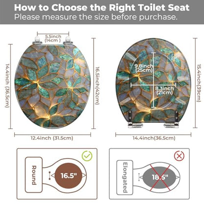 Round Resin Toilet Seat, Quietly Close Quick Release Hinges Cover | Toilet Lid Cover Easy to Clean and Install, Fine Mosaic Iridescent Leaves Shimmering Elegant Heavy Duty Toilet Seat - color: pattern10, size: O-shape