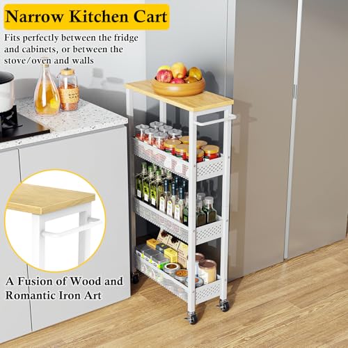 OKZEST Slim Laundry Room Organization Cart with Upgraded Metal Hub Casters | Fits between washer & dryer, 4-Tier space-saving narrow rolling cart, Premium wood top & metal mesh shelf, with handle & hook - color: White, size: 7.1 Inch Wide