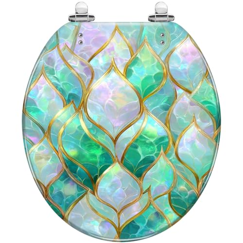 Round Resin Toilet Seat, Quietly Close Quick Release Hinges Cover | Toilet Lid Cover Easy to Clean and Install, Luxurious Iridescent Leaf Mosaic Gold Edges Elegant Heavy Duty Toilet Seat - color: pattern8, size: O-shape