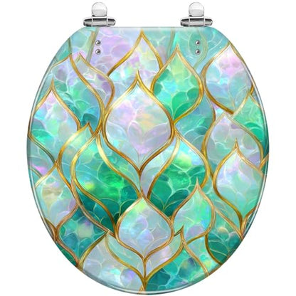 Round Resin Toilet Seat, Quietly Close Quick Release Hinges Cover | Toilet Lid Cover Easy to Clean and Install, Luxurious Iridescent Leaf Mosaic Gold Edges Elegant Heavy Duty Toilet Seat - color: pattern8, size: O-shape