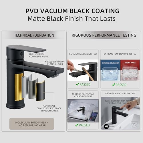 BELZ Black Bathroom Faucet, Lead-Free Single Hole Sink Faucet for Vanity | NSF372 Certified, Anti-peeling PVD Black Finish, Water-saving & Anti-splash, Single Handle Modern Design with Hot/Cold Hoses - color: Matte Black