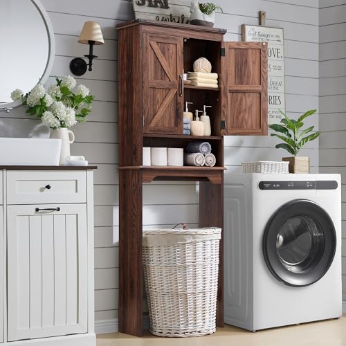 67" Tall Farmhouse Over The Toilet Storage Bathroom Cabinet, Brown | Double Barn Doors, Adjustable Shelf, Open Cubby, Weathered Finish - color: Brown