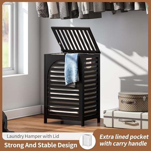 Laundry Hamper with Lid (16.9 * 13 * 26.5inches) Large Bamboo Laundry Bin Basket 85L Clothes Hamper with 1 Removable Bag Storage baskets for Bathroom(Black) - color: Black