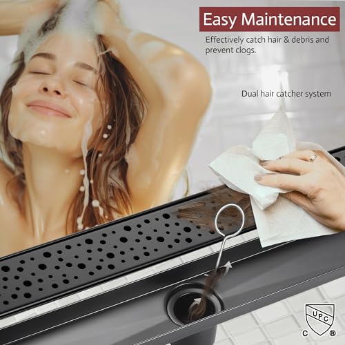 Linear Shower Drain, 24 inch Matte Black | Including Hair Catcher and Removable Grate, 304 Stainless Steel, Easy to Install and Clean (Drain Base Not Included) - color: Matte Black, size: 24 inch
