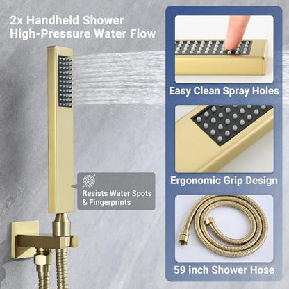 Thermostatic Dual Rianfall Shower System with 6+16-Inch Shower Heads, Ceiling Mount Full Body Rain Shower Faucet Set with Double High Pressure HandHeld Sprayer for 2-Person (Brushed Gold) - color: Brushed Gold