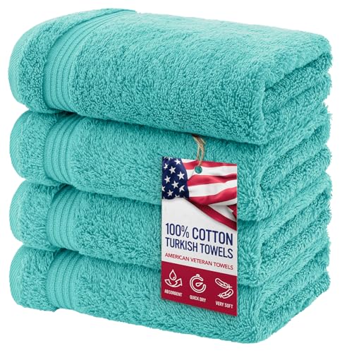 American Veteran Towel, Hand Towels for Bathroom Set of 4, 100% Cotton Turkish Hand Towel Sets, Soft Hand Face Towels, Turquoise Blue Hand Towels - color: Turquoise Blue