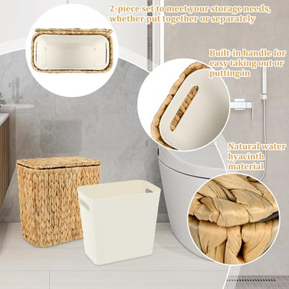 Wicker Trash Can with Lid and Liner, Handwoven Wicker Waste Basket, Water Hyacinth Bathroom Trash Can, Boho Rattan Garbage Wastebasket for Bedroom Home Living Room Office Kitchen, 2.5 Gallon - color: Water Hyacinth