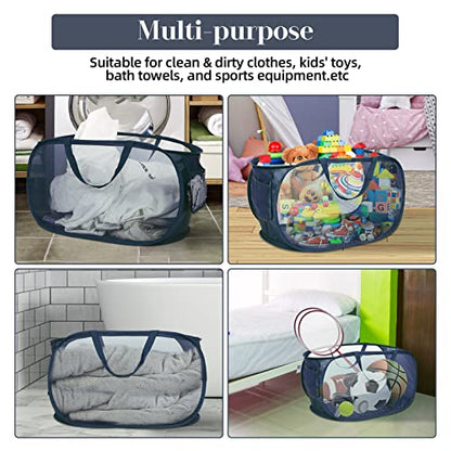 Durable Collapsible Laundry Baskets, Mesh Pop Up Laundry Hamper with Side Pocket, Foldable Clothes Hamper with Reinforced Carry Handles for Laundry, Bathroom, Kids Room, Dorm, Travel 2 Pack Navy Blue - color: 2 x Navy Blue