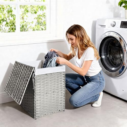 Wicker Laundry Hamper with Lid,34 Gal(130 L) Rattan Laundry Basket 2 Sections with Lid, Removable Machine Washable Line, Large Clothes Hamper with Handles for Bathroom Bedroom, Gray - color: Gray, size: 130L
