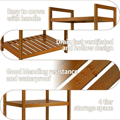 Utoplike Teak Wood Bathroom Shelf Organizer Stand, Standing Shower Caddy | Freestanding 4 Tier Bath Storage for Floor, Kitchen, Office